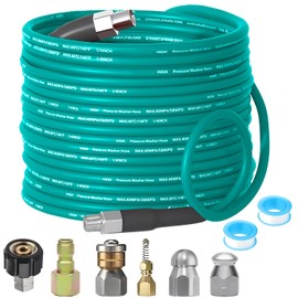 Selkie Pressure Washer Sewer Jetter Kit - 100Ft X1/4" Hydro Drain Jetter Cleaner Hose, Corner, Rotating and Button Nose Sewer Jetting Nozzle Waterproof Tape,Orifice 4.0 4.5,1/4 Inch NPT,5800 PSI