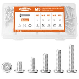 NIULUNBAO M5 x 8mm 12mm 16mm 20mm 25mm Flat Round Head Hex Socket Cap Screws Bolts, Furniture Screws, 304 Stainless Steel, Allen Hex Drive, Metric Fully Threaded, Bright Finish, Assortment Kit 50PCS