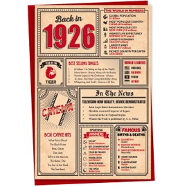 99th Birthday Card - Back in 1926 In This Year Card, Greeting Card for Men and Women, Birthday Cards for Women, Birthday Cards for Men, 99th Anniversary Card, 5x7