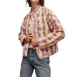 Floral Quilted Jacket for Women Cropped Lightweight Puffer Cardigan Coat Open Front Padded Outwear