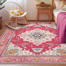 CAPALOCA Machine Washable 8x10 Area Rugs for Living Room Vintage Rugs Carpet Rugs Non Slip Low Pile Water Repellent Soft Print Pattern for Bedroom Indoor Decor Polyester Rug Brightpink
