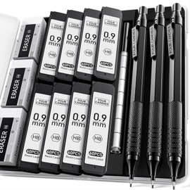 Four Candies 0.9 mm Mechanical Pencil Set with Case, Metal Artist Pencil with 8 Tubes (480 Pieces), HB Leads, 3 Erasers, 9 Eraser Refills Engineers, Writing, Drawing, Black