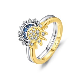 TOFBS Set of 2 Sun and Moon Rings Set, Silver 925 Rings, Matching Rings, Gold-Plated Friendship Rings, Cubic Zirconia Ring, Stackable Statement Rings, Gift for Women and Girls, Silver