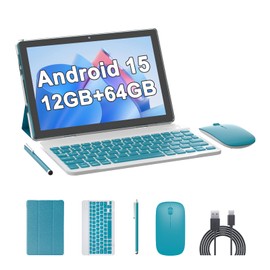 10 Inch Tablet Android 15(NOT GO) Tablets with keyboard 64GB ROM+12GB RAM(4+8 expansion) Supports 1TB Expansion 2MP+8MP Dual Camera 6000mAh 5G WiFi6 Tableta, Tablets with Mouse/Case/Stylus/USB-C Cable
