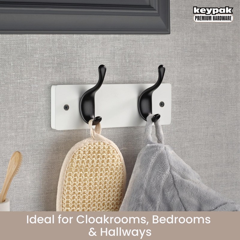 Keypak 2 Matte Black Coat Hooks on White Wooden 22.5cm