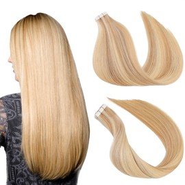 Tape in Hair Extensions Human Hair Bleach and Caramel Blonde Remy Human Hair 20in 50g Seamless Tape in Hair Extensions ，Thick Ends Straight Seamless, Invisible Tape in Hair Extensions Human Hair