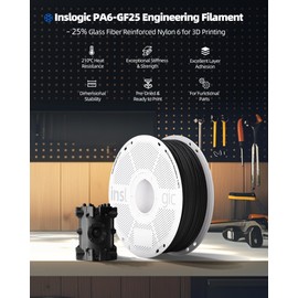 Inslogic PA6-GF25 Nylon Filament Reinforced with Glass Fiber 1.75mm, High-Temp 3D Printing Material with 210°C HDT, 0.5kg Refill Filament, Tough & Heat-Resistant, for Industrial FDM Printers (Black)