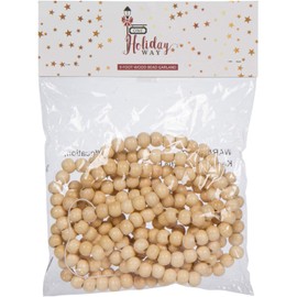 Vintage Style Natural Wood Bead Garland Christmas Tree Holiday Decoration, 9 Feet