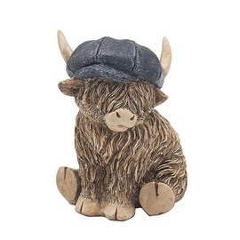 Reflections Bronze Resin Animal Ornament - 12cm Highland Cow With Blue Hat 6556