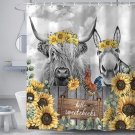 Torich Funny Highland Cow Donkey Shower Curtain, Farmhouse Western Animal Cow Chicken and Pig with Flowers on Fence Bathroom Curtain, Sunflower Bath Curtain Set with Hooks, 69X72 Inches