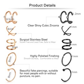 Mayhoop 20 Pcs Fake Piercings Ear Cuffs, Earrings, Nose Rings, Lip Rings - Stainless Steel Clips on Helix, Cartilage Earring Wrap - Non Piercing - Rosegold, Black for Women, Men