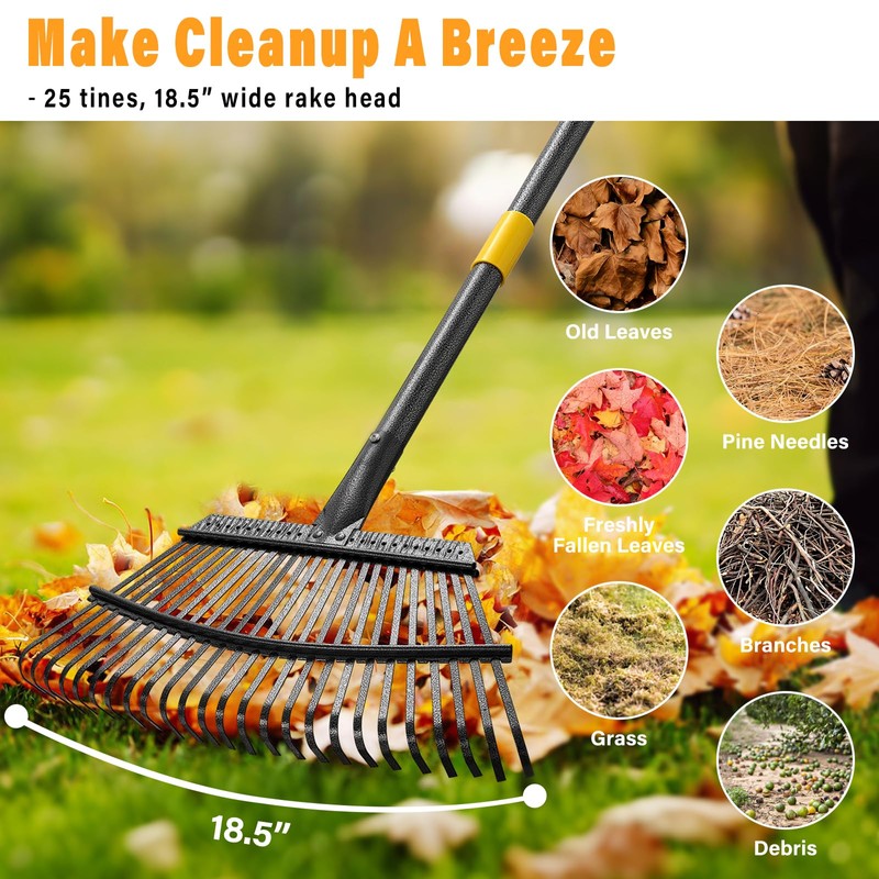 Rake for Leaves - 25 Tines Heavy Duty Metal Rake