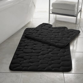 Memory Foam Bath Mat 2 Piece Set Pebbles Non Slip Pedestal and Bath Mat Toilet Bathroom (Black)