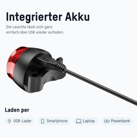 ANSMANN Fanale posteriore per bicicletta omologato StVZO con affidabile LED CREE, protetto IPX5, funzionamento a batteria fino a 4 ore di durata della batteria ricaricabile tramite USB