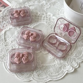 BEDARTIST 4 Pack 3D Design Cute Contact Lens Cases, Travel Eye Contacts Case Box Holder, Contact Lenses Tweezers Remover Tool Solution Bottle Kit for Daily Outdoor (3D Bow, Pink)