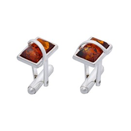 AMBEDORA Men's Silver Cufflinks with Amber, Modern Rectangular Shape, Polished Sterling Silver, Natural Amber in Cognac Colour