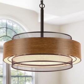 19.7 inch Farmhouse Chandeliers for Dining Room, 5-Light Rustic Large Round Black Chandelier Metal Wood Texture Interior Hanging Lighting for Entryway Kitchen Island Foyer Bedroom Living Room