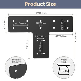 6PCS 12x8 in T Shape Steel Flat Bracket, 0.12'' Thick T Post Bracket, Ideal for Wood 4x4, 6x6 Lumber Mending/Connecting/Joining, in Truss Framing, House Repair, Furniture and Pavilion
