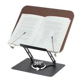 comfoyar Adjustable Book Stand for Reading, Foldable Textbook Reading Stand with 360° Swivel Base and Elastic Page Clips, Desk Cookbook Holder for Recipe Tablet Laptop Music Scores, Hands Free