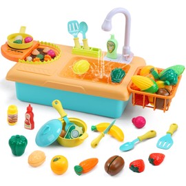 CUTE STONE Kids Pretend Play Sink with Running Water, Toddler Sink Toy with Upgraded Electric Faucet, Play Kitchen Accessories, Cooking Stove, Vegetable Garden Toys, STEM Learning Gift for Ages 3+