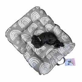 Woombie PortaPet, Portable Lazy Dog Lounger Bed in A Bag, Travel Pet Bed with Easy Carry Handles, Zips Shut to Carry Toys and Treats, Gray Rainbow, Small