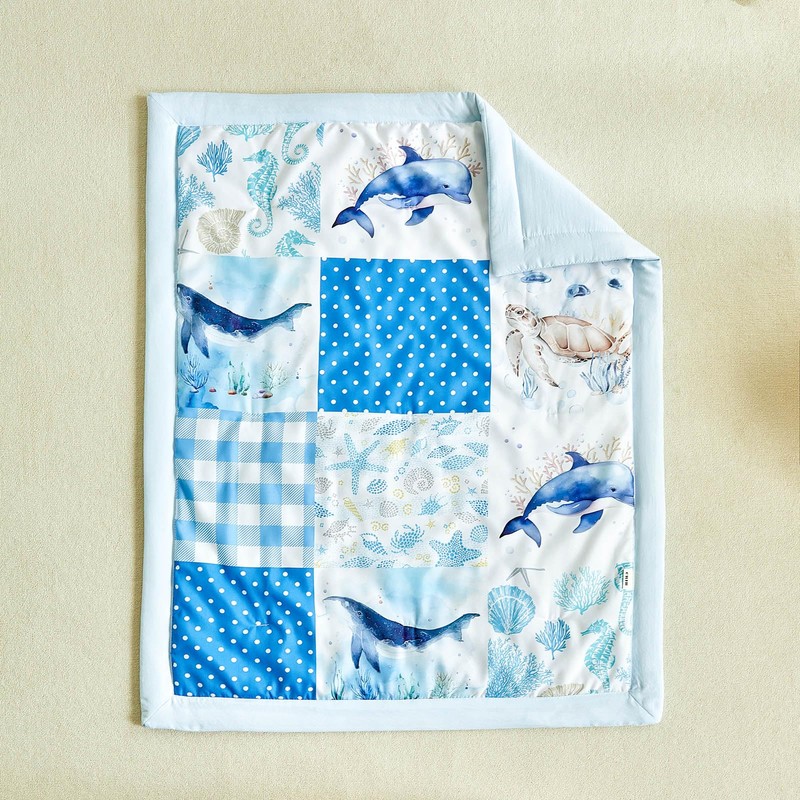 Patchwork Crib Bedding Set Blue Ocean Plaid Design 3 Pieces