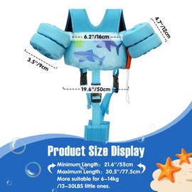 MoKo 13-20-30lbs Toddler Floaties Arm Floaties, Toddler Swim Vest Cartoon Swim Arm Band for Kids with Crotch Strap Pool Float Vests Sleeves Shoulder Straps Learn to Swim, Lignt Blue & Double Shark