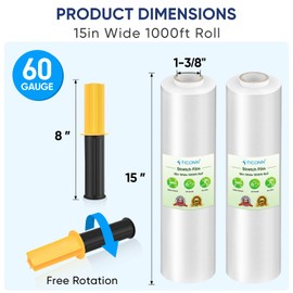 TICONN Stretch Wrap Stretch Film Roll, 1000ft Industrial Strength 15 inch Wide Clear Plastic Wrap with Handles for Pallet Wrapping Shipping Moving | TICONN