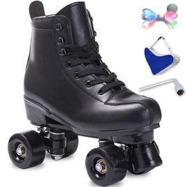 Roller Skates Women Men High-Top PU Leather Roller Skates Classic Double-Row Roller Skates Outdoor Indoor Quad-Skates with Light up Shoe Laces (Black Black Wheel, 45-US Men 11= Women 12)
