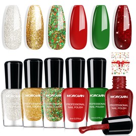 Morovan Christmas Nail Polish Set: 2025 Glitter Red Green Gold Silver Fingernail Polish Kit with Sticker Winter Quick Dry Regular Nail Polish Pack Manicure Gifts for Women Girls Holiday Party