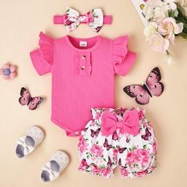 3-6 Months Baby Clothes for Girls Summer Outfits Ruffle Sleeve Romper Infant Flower Shorts Set with Bow Headband Rose Red