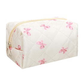 DOPENSPI Quilted Makeup Bag, Cute Makeup Bag Quilted Cosmetic Bags Travel Make Up Pouch with Zipper Large Travel Toiletry Bags Kawaii Pencil Pouch for Women Girls(Bow)