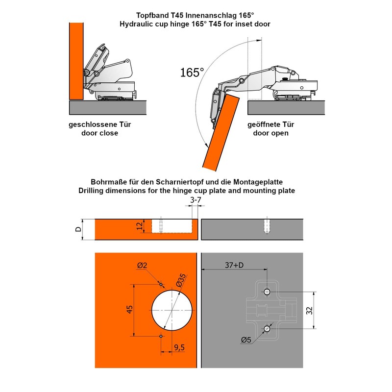 SOTECH Pack of 2 Wide Angle Hinges T45 Inner Stop