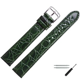 XL Extra Long, with Stitching – Includes Green – Crocodile Embossed Leather Watch Strap Spring Bars & MARBURGER Since 1945/Extra Long Watch Strap/Watch Band Tool – Dark Green/Silver