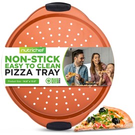 NutriChef 13-Inch Nonstick Pizza Tray - Round Carbon Steel Non-Stick Pizza Baking Pan with Perforated Holes, Premium Bakeware Pizza Screen with Silicone Grip Handles, Dishwasher Safe - Copper