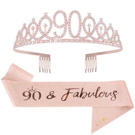 Mikccer Rose Gold 90th Birthday Sash and 90 Birthday Tiara, Rhinestone Crown Headband for 90th Birthday Gifts, 90th Birthday Decoration Party Accessories for Women