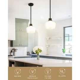 Emak Modern 8 Inch Black Pendant Light, Farmhouse Pendant Lighting with Milk Glass Shade, 1 Light Hanging Light Fixture for Kitchen Island, Dining Room, Bathroom, Bedroom, PL122-BK-ML