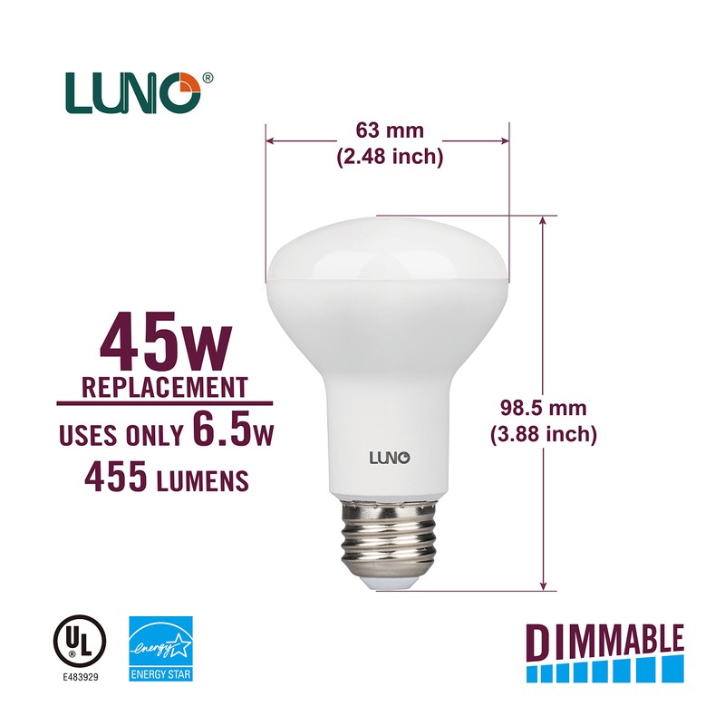 LUNO R20 Dimmable LED Bulb, 6.5W (45W Equivalent), 455 Lumens,
