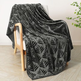 Exclusivo Mezcla Fleece Throw Blanket for Couch, Super Soft and Cozy Blankets All Season Use, Leaves Pattern, Plush Fuzzy Lightweight, Dark Grey, 50x60 Inch