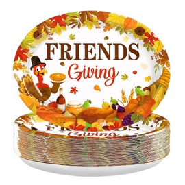 50Pcs Thanksgiving Oval Plates 10" x 12" Large Disposable Heavy Duty Fall Friendsgiving Turkey Paper Platters Turkey Harvest Pumpkin Dessert Plates for Autumn Harvest Friendsgiving Party Supplies
