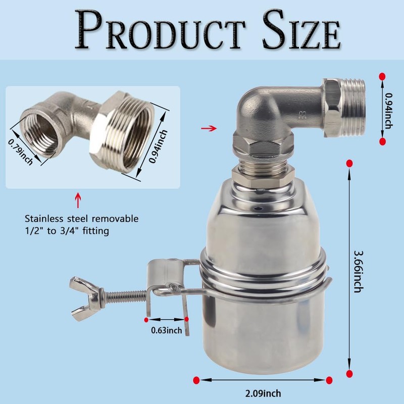 Automatic Water Level Control Valve, 3/4 to 1/2 Inch Float