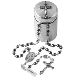 HanlinCC 6mm Hematite black stone beads Miraculous Rosary Necklace with Cross Metal Gift Box ofr Men and Women