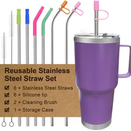 Reusable Stainless Steel Straws Set 6 PCS with Silicone Tips, Straw Brush, Storage Case, Different Sizes of Metal Straws Reusable, Suitable for Brands and Sizes of Cups Tumbler