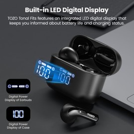 TOZO TOZO T21 Wireless Earbuds Bluetooth 5.3 in Ear Headphones Dual Mic Call Noise Cancelling IPX8 Waterproof 44H Playback Stereo Sound with LED Display Wireless Charging Case 32 EQs via APP Black