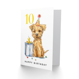 Artery8 10th Birthday Card Cute Terrier Dog Puppy Party Hat Kids Age 10 Year Old Child For Son Daughter Girl Boy Happy Card