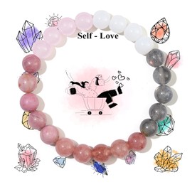 Anxiety Relief Crystal Bracelet, 8mm Natural Healing Gemstone Bracelets Beaded Bracelet, Crystal Chakra Bracelets Good Luck Jewellery Gifts for Women Girls Friend (Self-love)