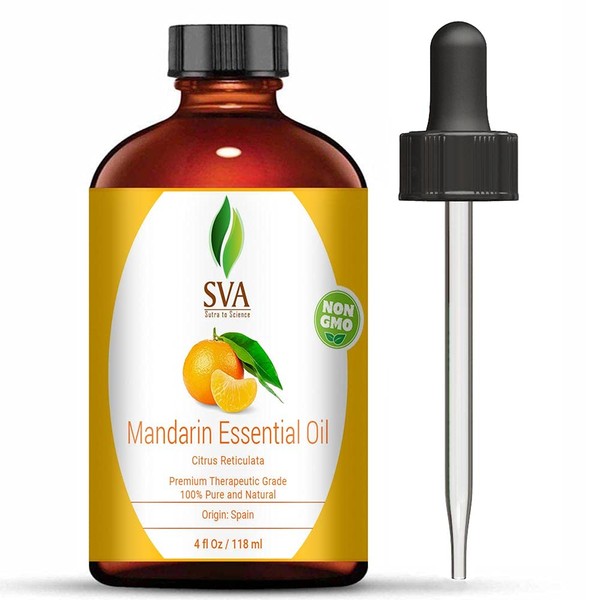 SVA Organics Mandarin Essential Oil (118 ml) Large 4 OZ - 100% Pure, Natural, Therapeutic Grade Oil – Radiant Skin, Healthy Hair & Scalp, Diffuser, Aromatherapy, Exotic & Citrusy Aroma.