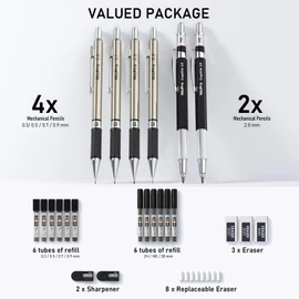 Nicpro 6PCS Art Mechanical Pencil Set, 4 PCS Metal Drafting Pencil 0.3mm & 0.5 mm & 0.7 mm & 0.9 mm & 2 PCS 2mm Lead Holder (2B HB 2H) For Sketching Drawing With 12 Tube Lead Refills Case
