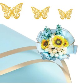 Flower Wrapping Paper 20 Sheets Waterproof Floral wrap paper22.5x22.5 inch(Sky Blue &Gold Edge)+ 12 pcs 3D golden butterfly for birthday, holilday etc.