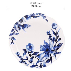 Bico Watercolor Blue Flower Ceramic 8.75 inch Scalloped Salad Plates, Set of 4, for Salad, Appetizer, Microwave & Dishwasher Safe